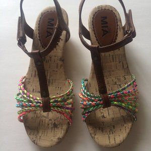 New Brown Sandals Girls 3 Wedge Shoe Neon Rainbow Multicolored